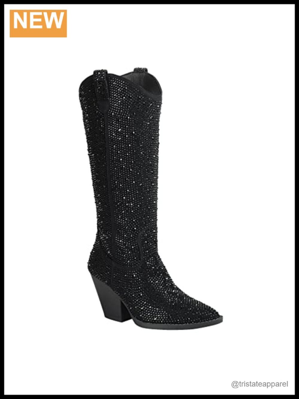 Western Cowgirl Rhinestone Pointed Toe Knee High Boots Block Heel